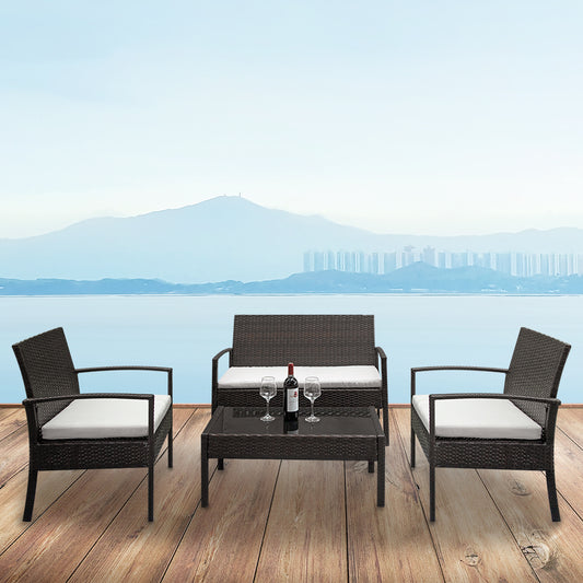 4 Piece Rattan and Coffee Table Set - Brown