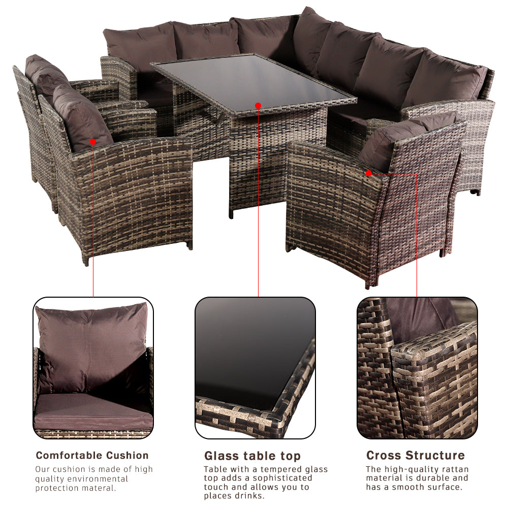  Oshion 9 Seat Rattan Furniture Outdoor Sofa Dining Table with Free Rain Cover 3 Single Chair Sofa Dark Gray Sofa Cover