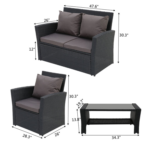 Rattan Sofa - Set Four Piece in Dark Grey and Black Finish