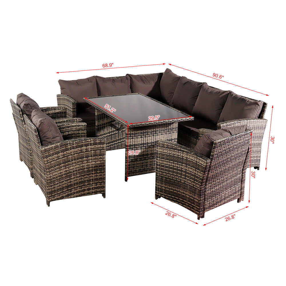  Oshion 9 Seat Rattan Furniture Outdoor Sofa Dining Table with Free Rain Cover 3 Single Chair Sofa Dark Gray Sofa Cover