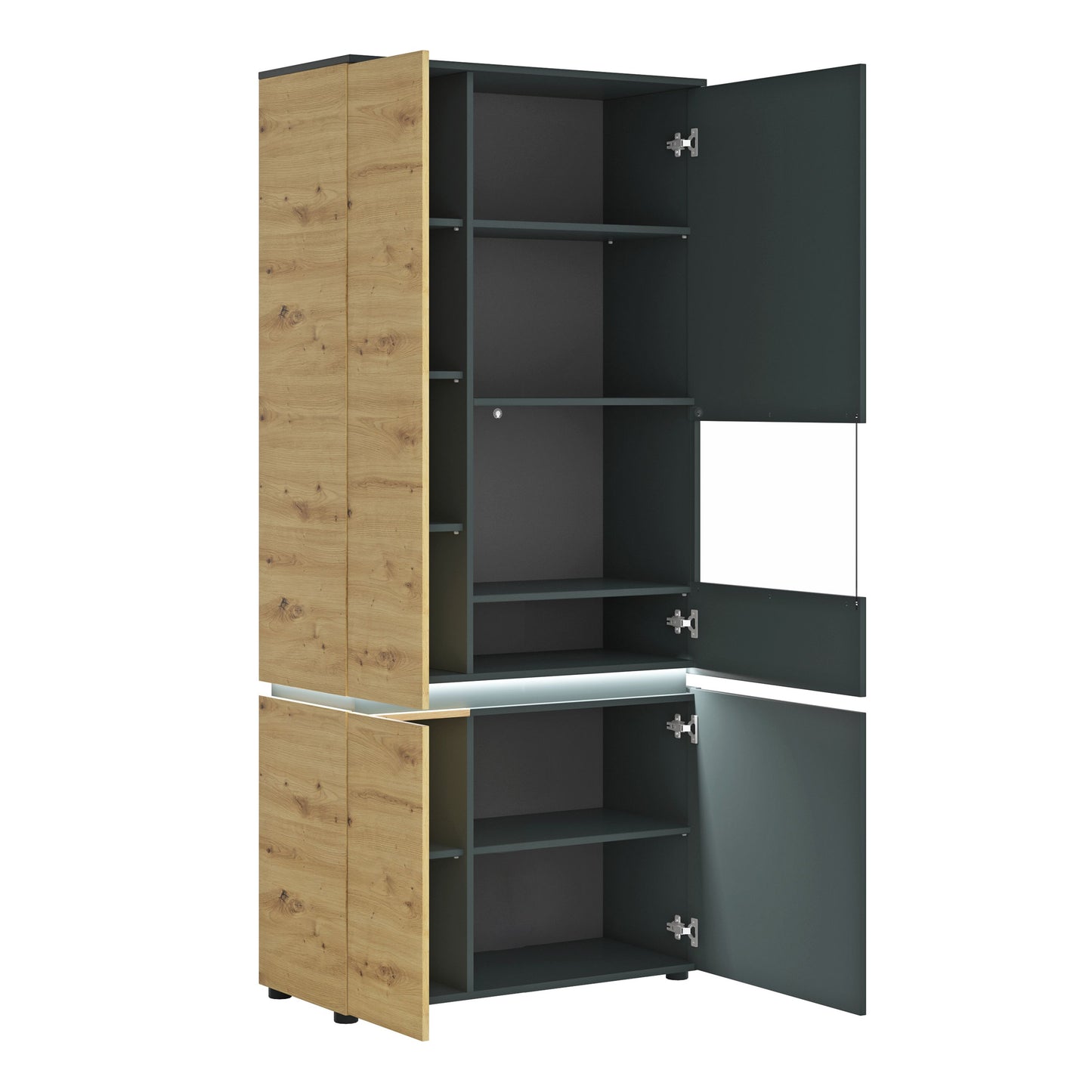 Luci 4 door tall display cabinet (including LED lighting) in Platinum and Oak