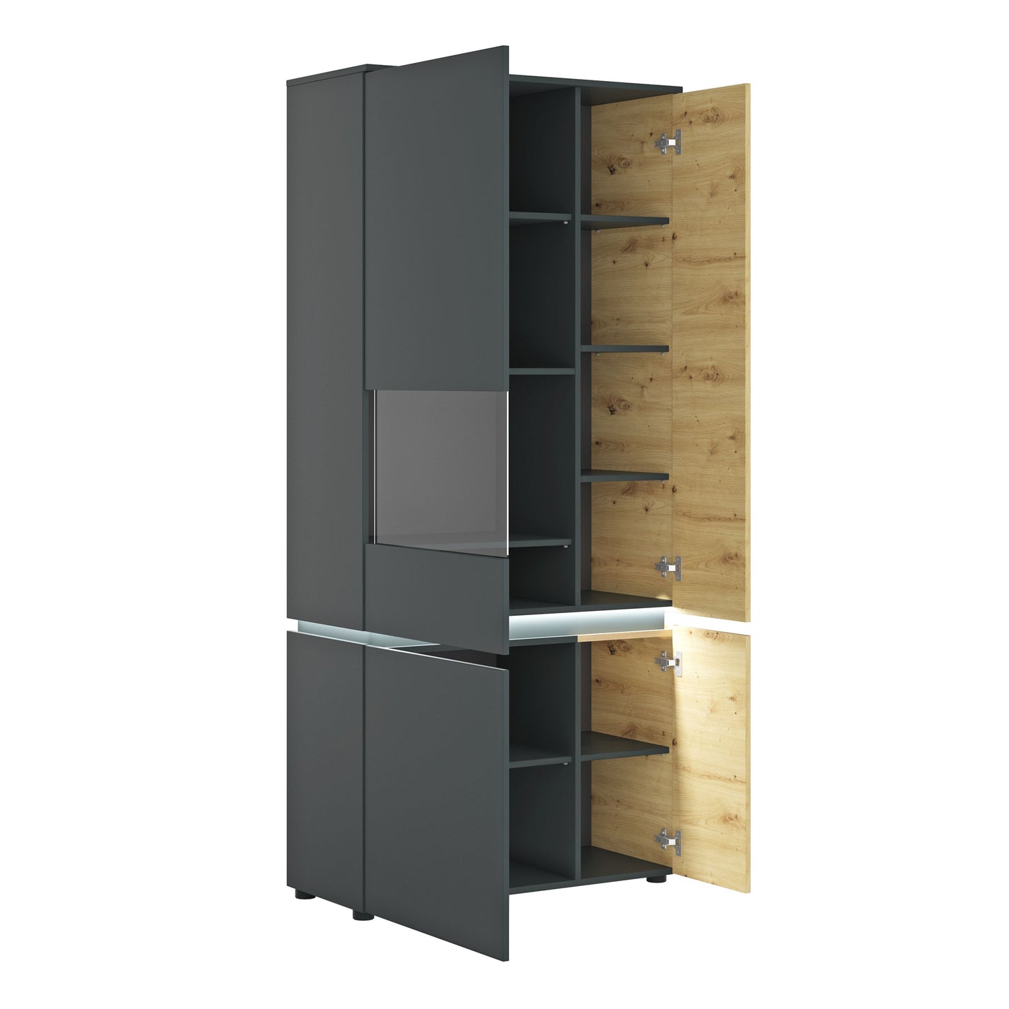 Luci 4 door tall display cabinet (including LED lighting) in Platinum and Oak