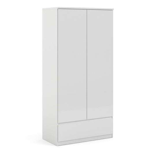 Naia Wardrobe with 2 doors + 1 drawer in White High Gloss.