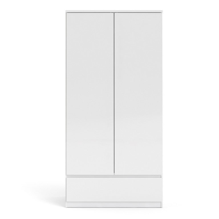 Naia Wardrobe with 2 doors + 1 drawer in White High Gloss.