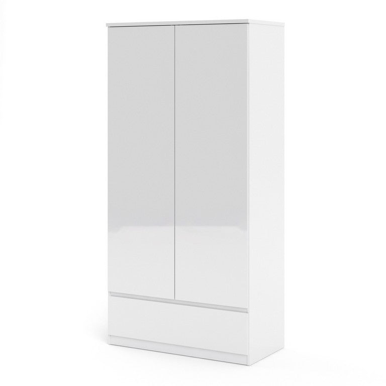 Naia Wardrobe with 2 doors + 1 drawer in White High Gloss.