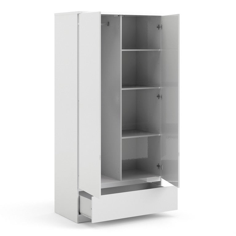 Naia Wardrobe with 2 doors + 1 drawer in White High Gloss.