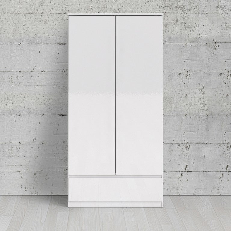 Naia Wardrobe with 2 doors + 1 drawer in White High Gloss.