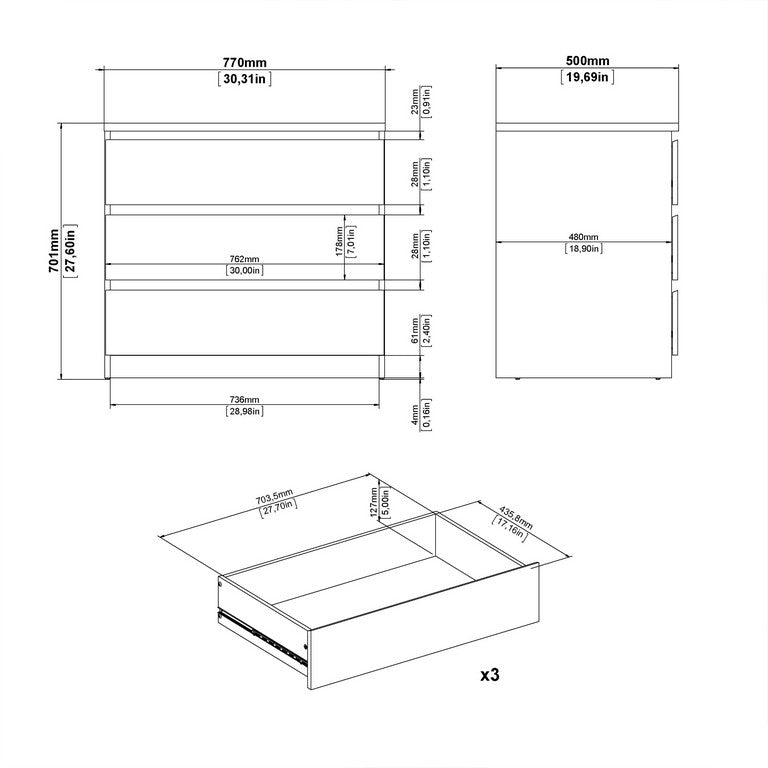 Naia Chest of 3 Drawers in Black Matt.