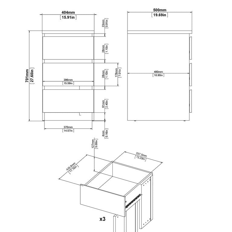 Naia Bedside - 3 Drawers.