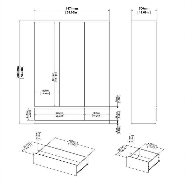 Naia Wardrobe with 3 doors + 2 drawers in White High Gloss