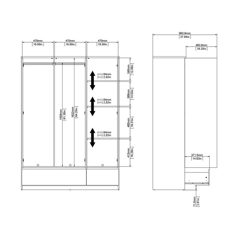 Naia Wardrobe with 3 doors + 2 drawers in White High Gloss