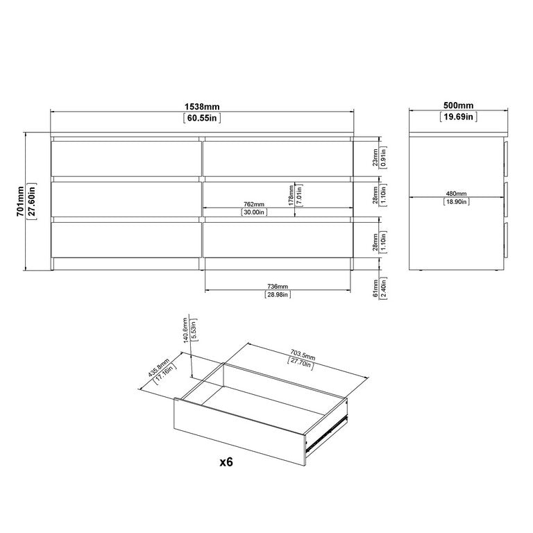 Naia Wide Chest of 6 Drawers (3+3).