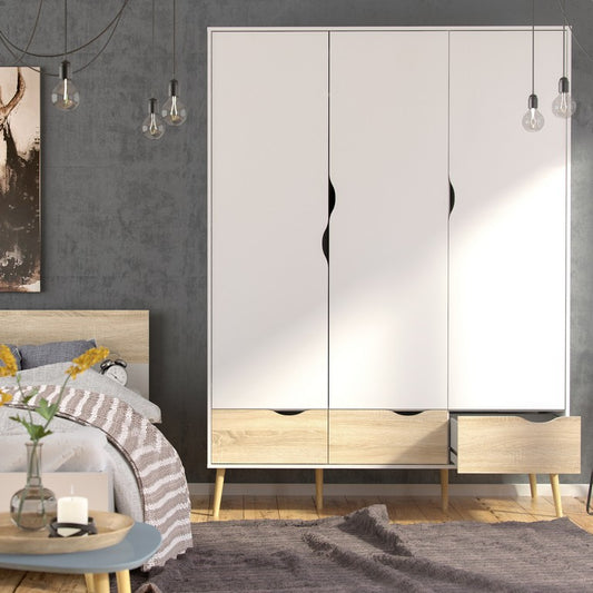 Oslo Wardrobe - 3 Doors 3 Drawers in White and Oak