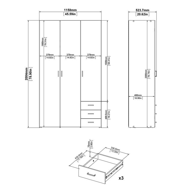 Wardrobe - 3 Doors 3 Drawers.