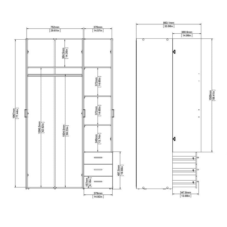 Wardrobe - 3 Doors 3 Drawers.