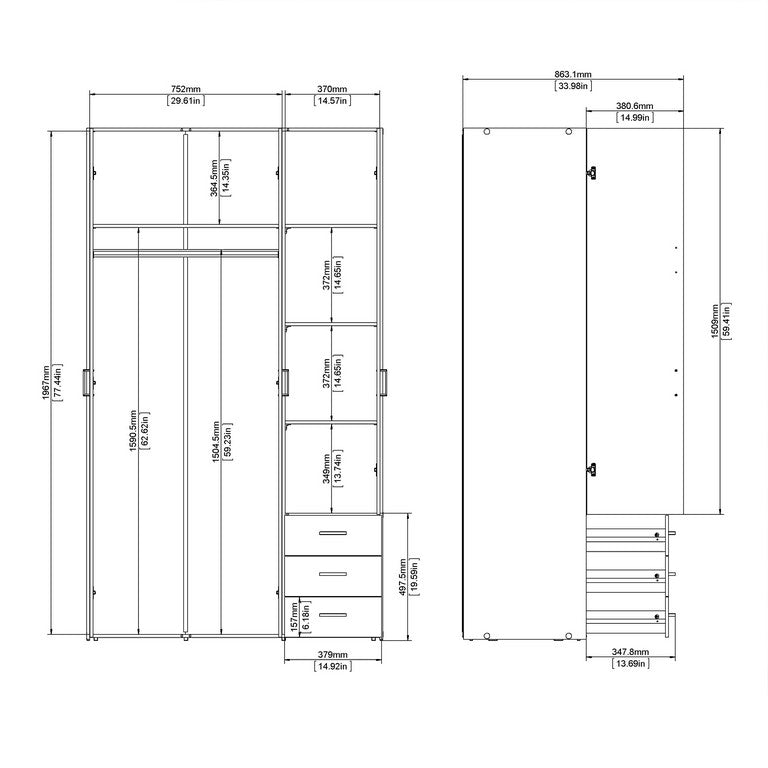 Wardrobe - 3 Doors 3 Drawers.