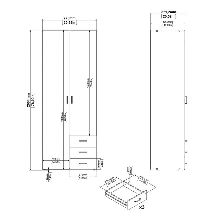 Wardrobe - 2 Doors 3 Drawers.