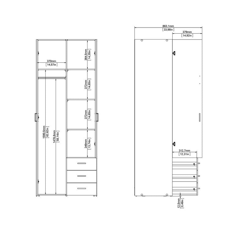 Wardrobe - 2 Doors 3 Drawers.