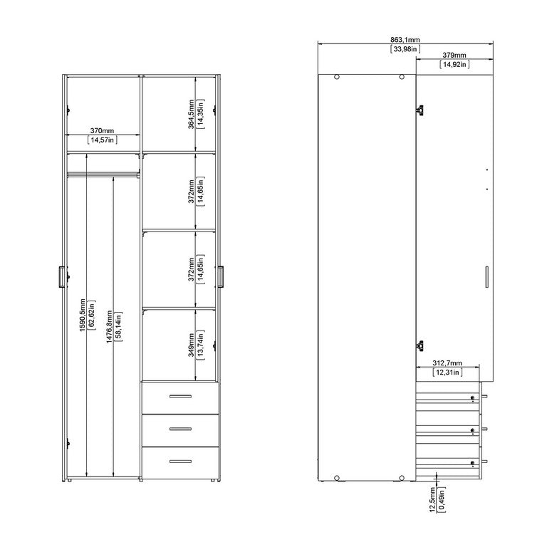 Wardrobe - 2 Doors 3 Drawers.