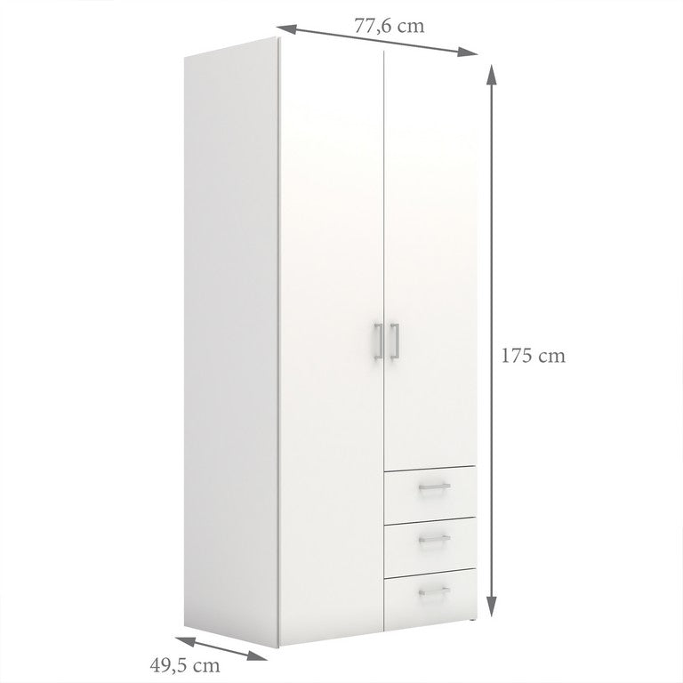 Wardrobe with 2 doors + 3 drawers (175) White.