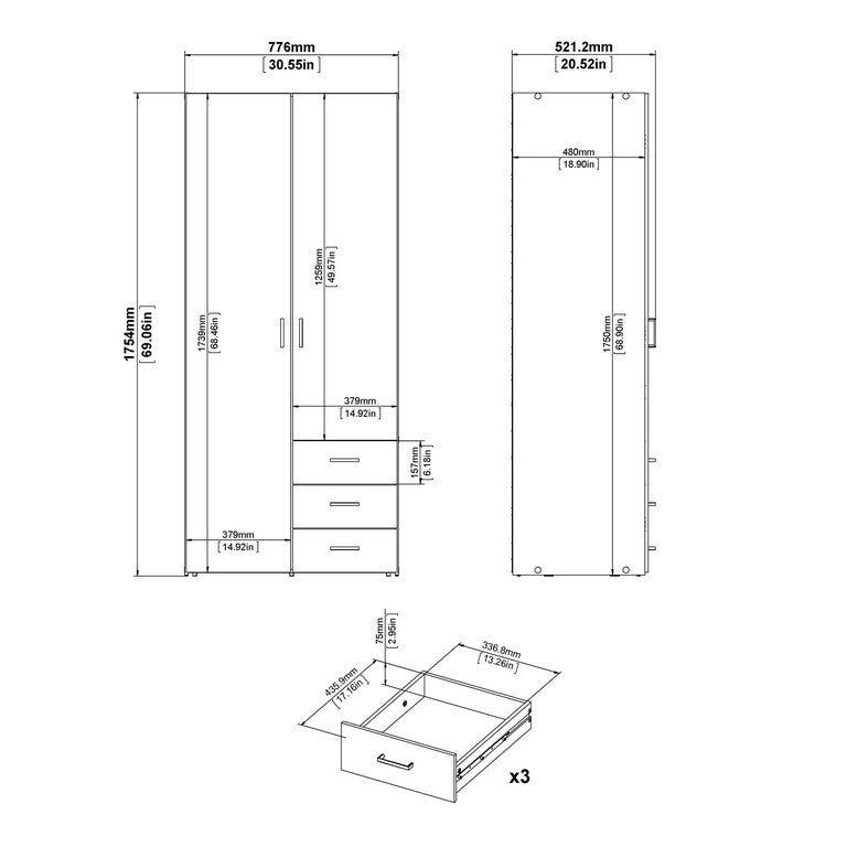 Wardrobe with 2 doors + 3 drawers (175) White.