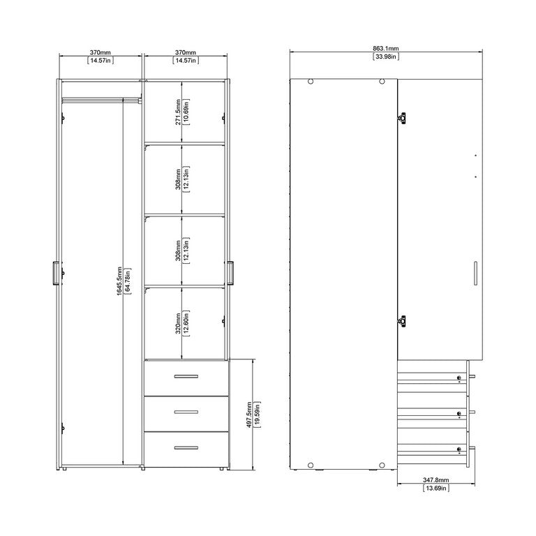 Wardrobe with 2 doors + 3 drawers (175) White.