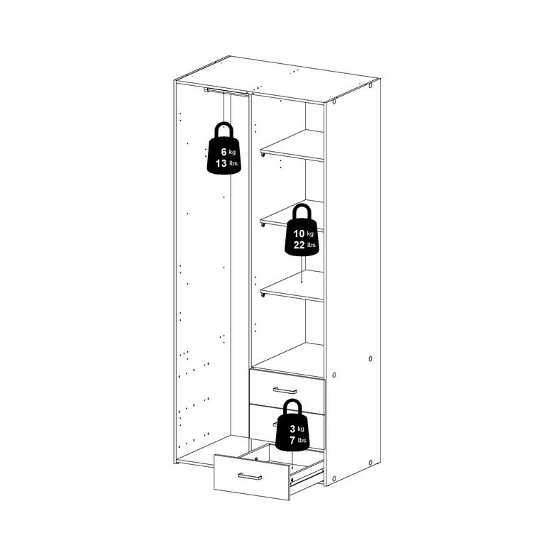 Wardrobe with 2 doors + 3 drawers (175) White.