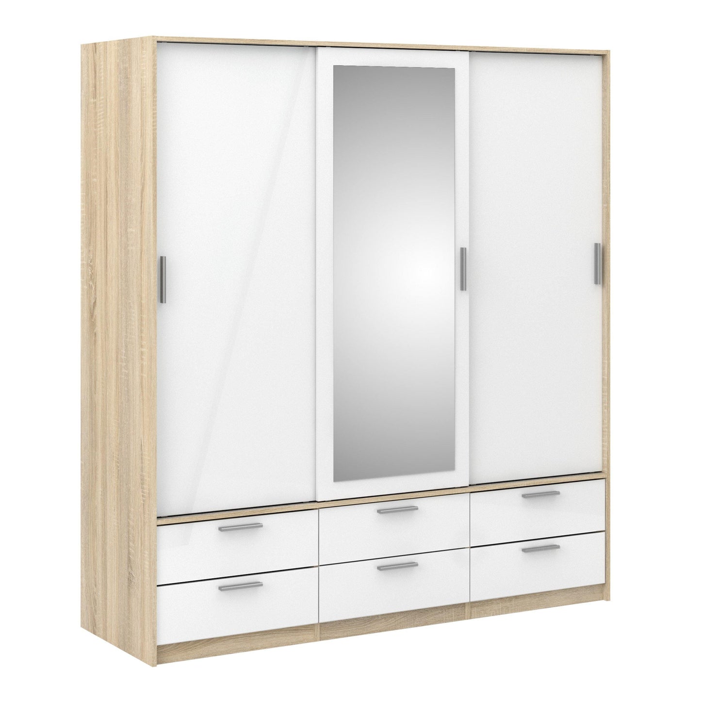 Wardrobe - 3 Doors 6 Drawers in Oak with White High Gloss - Home Utopia 