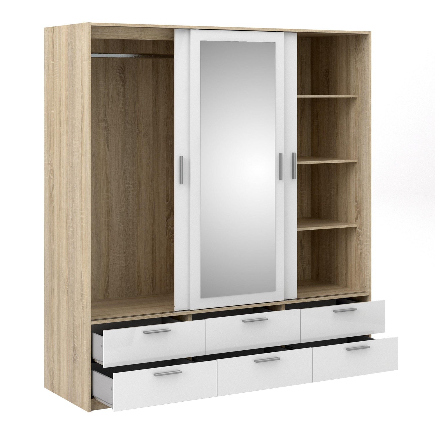 Wardrobe - 3 Doors 6 Drawers in Oak with White High Gloss - Home Utopia 