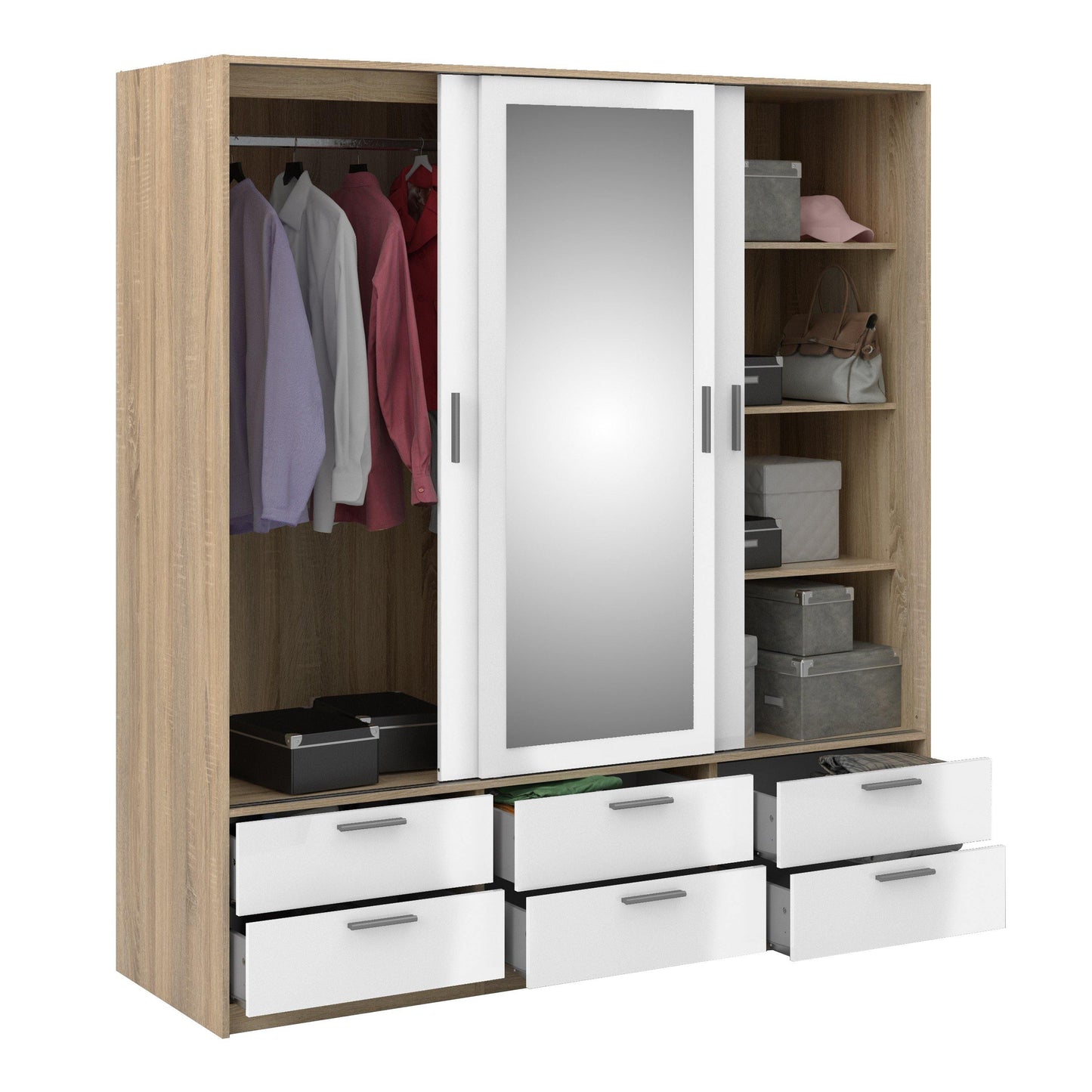 Wardrobe - 3 Doors 6 Drawers in Oak with White High Gloss - Home Utopia 