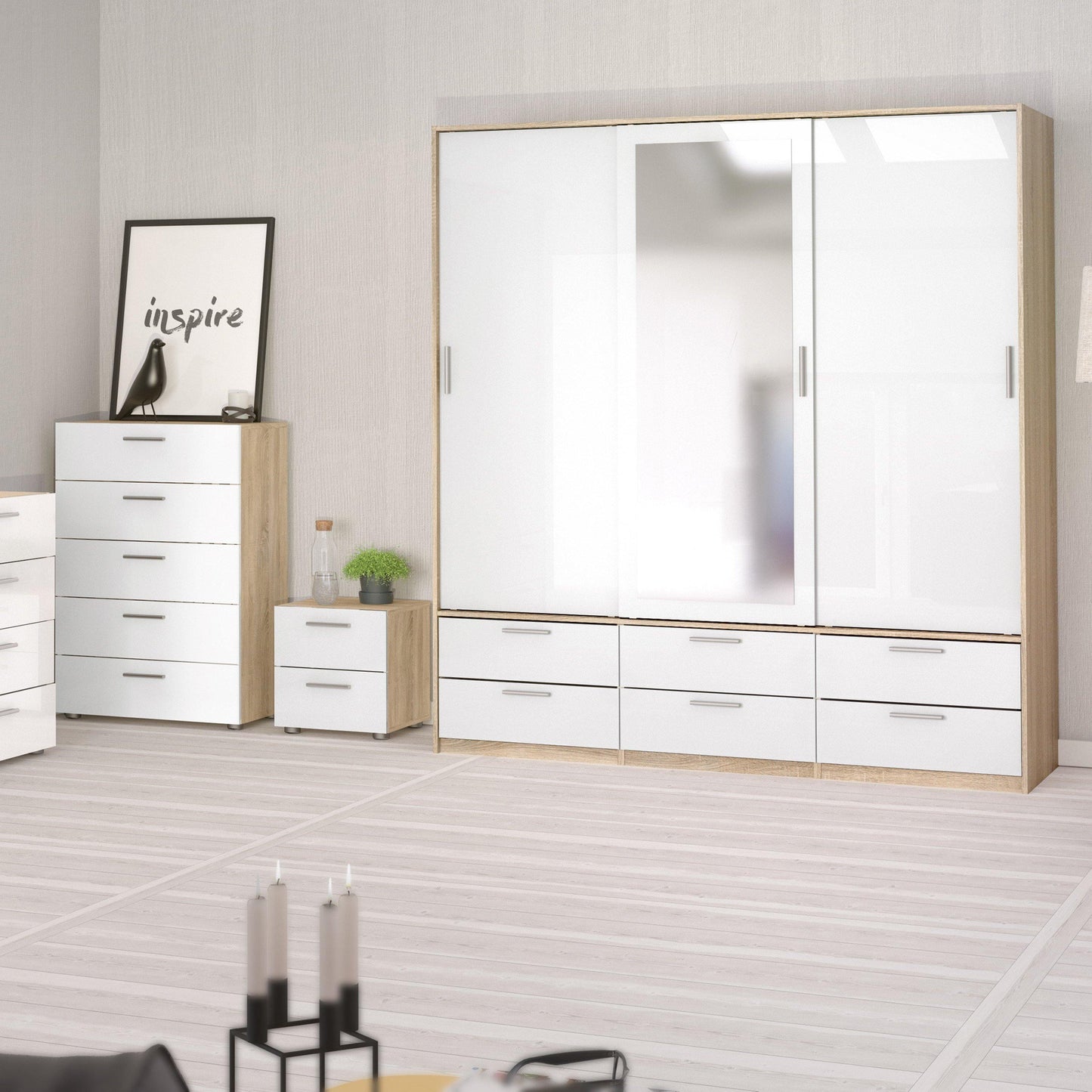 Wardrobe - 3 Doors 6 Drawers in Oak with White High Gloss - Home Utopia 