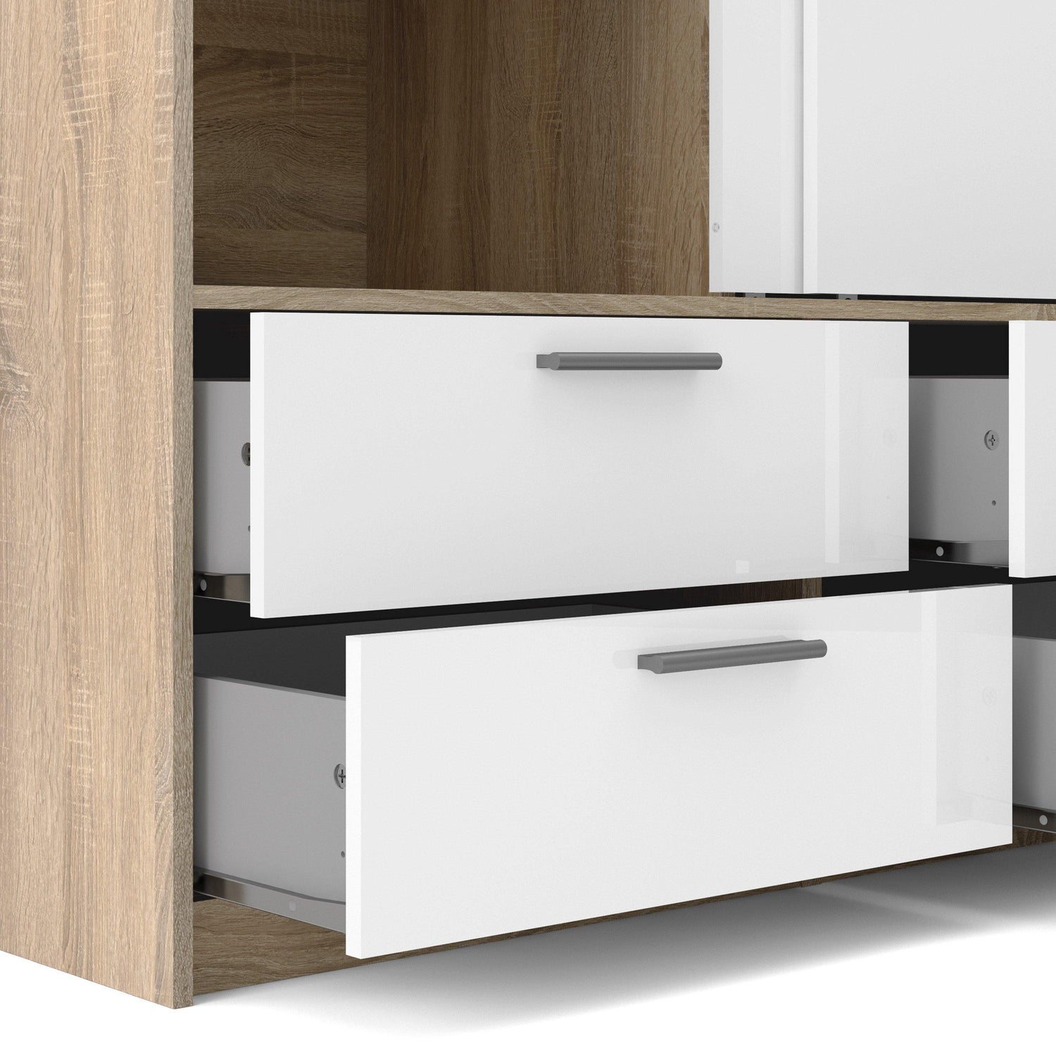 Wardrobe - 2 Doors 4 Drawers in Oak with White High Gloss - Home Utopia 