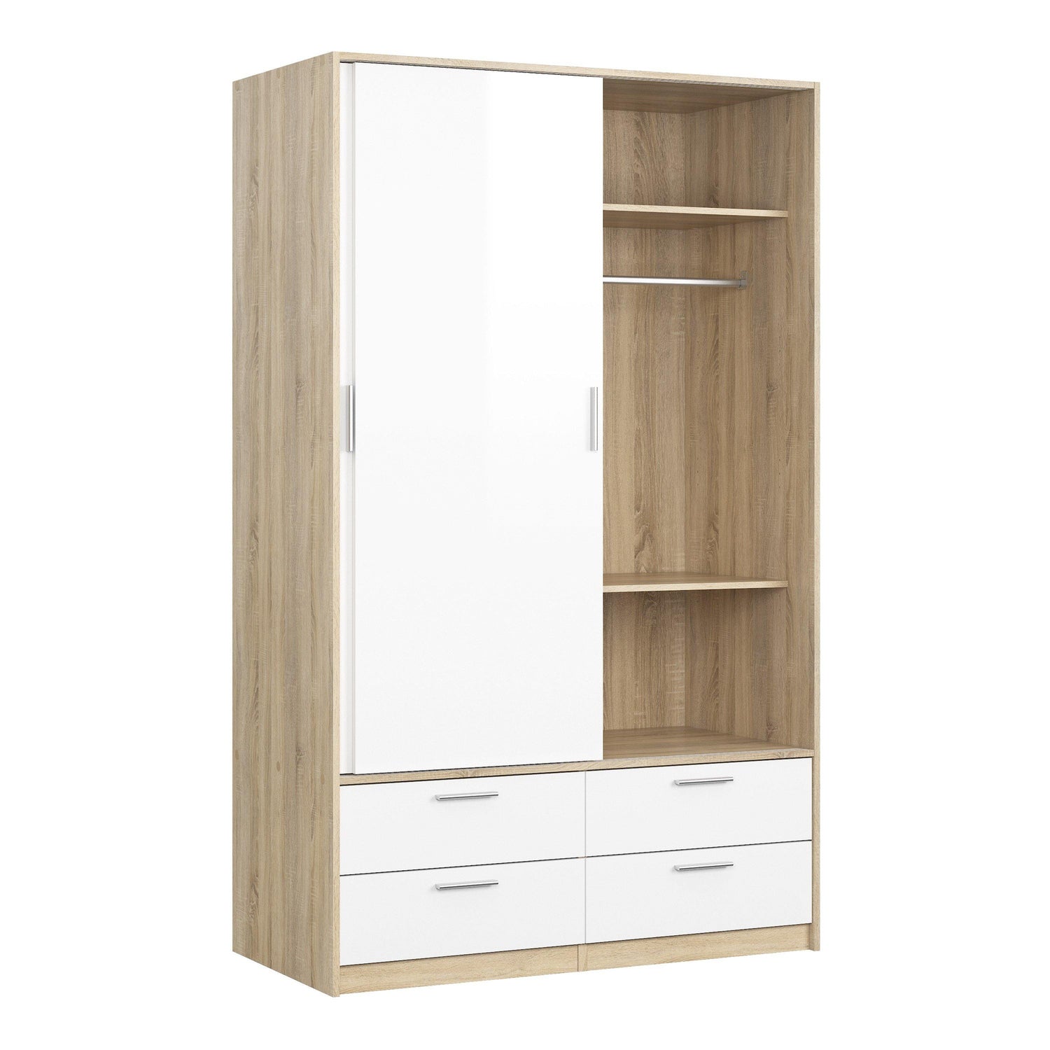 Wardrobe - 2 Doors 4 Drawers in Oak with White High Gloss - Home Utopia 