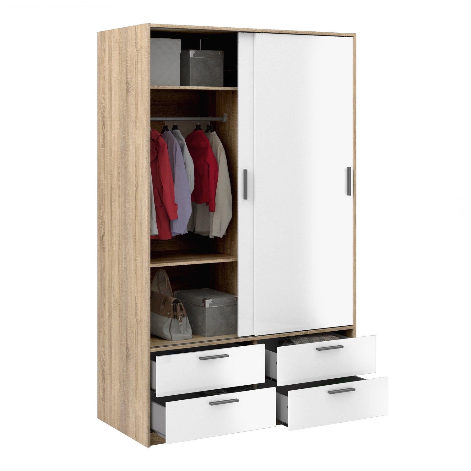 Wardrobe - 2 Doors 4 Drawers in Oak with White High Gloss - Home Utopia 