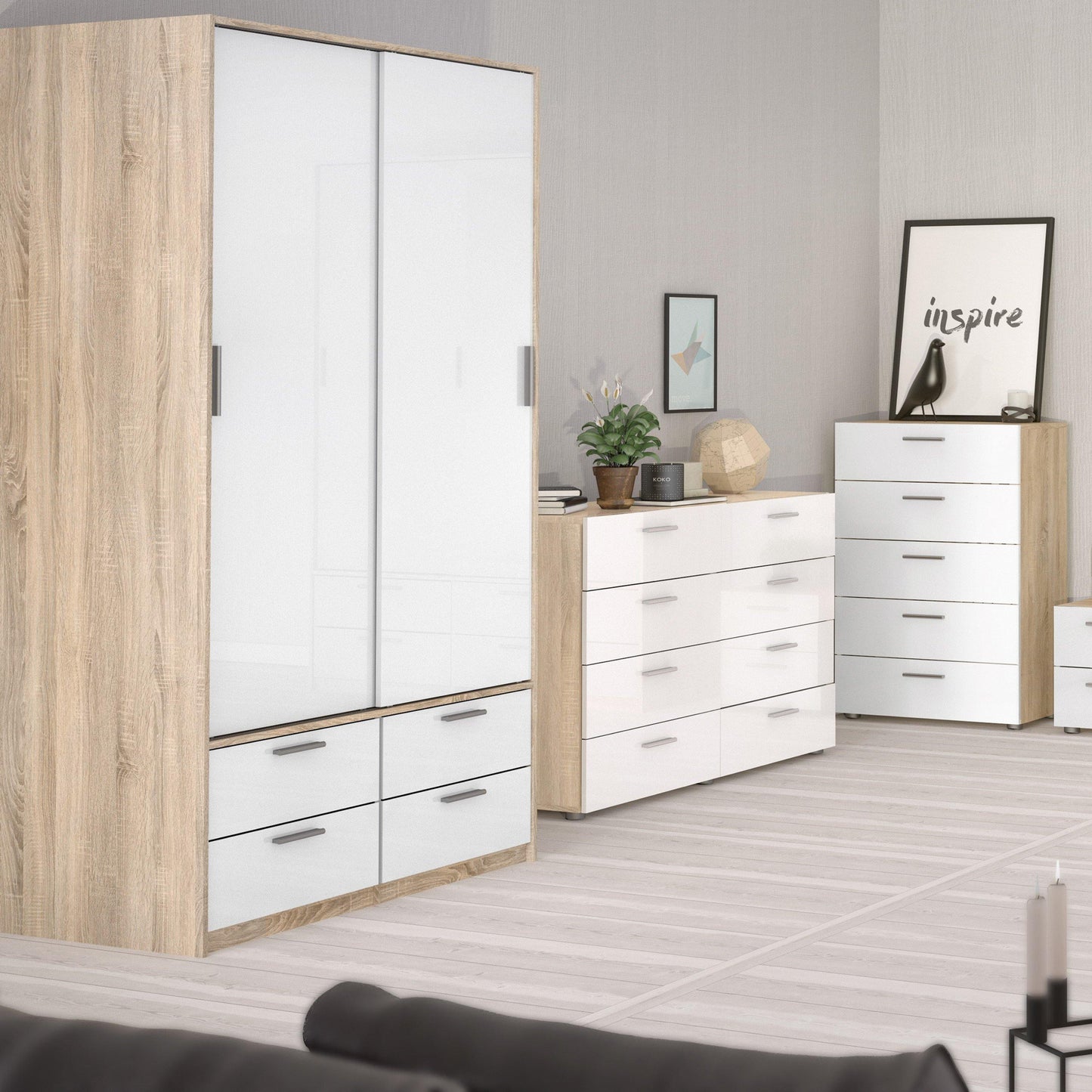 Wardrobe - 2 Doors 4 Drawers in Oak with White High Gloss - Home Utopia 