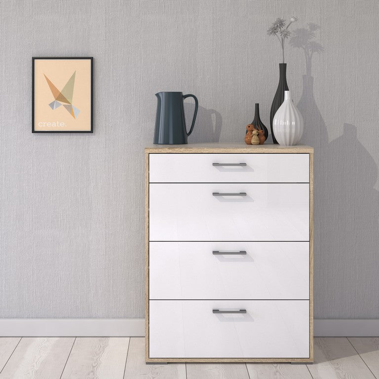 Chest of 4 Drawers in Oak with White High Gloss