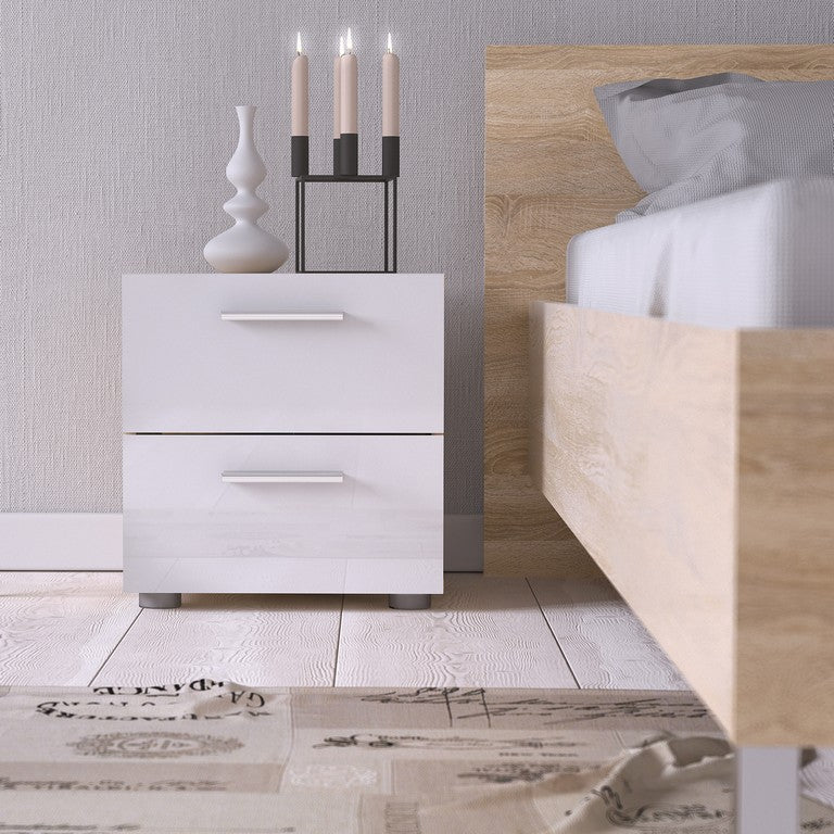 Bedside 2 Drawers in Oak with White High Gloss