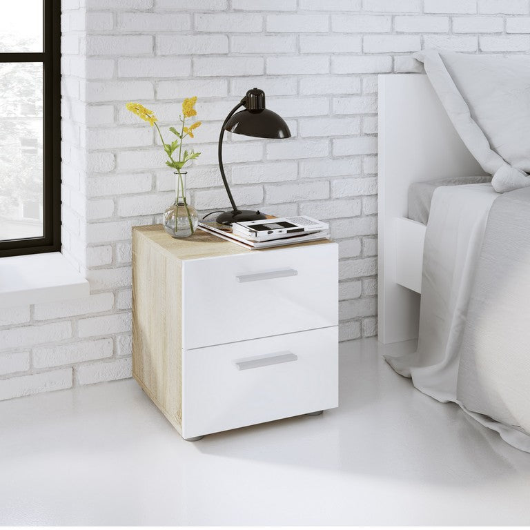 Bedside 2 Drawers in Oak with White High Gloss