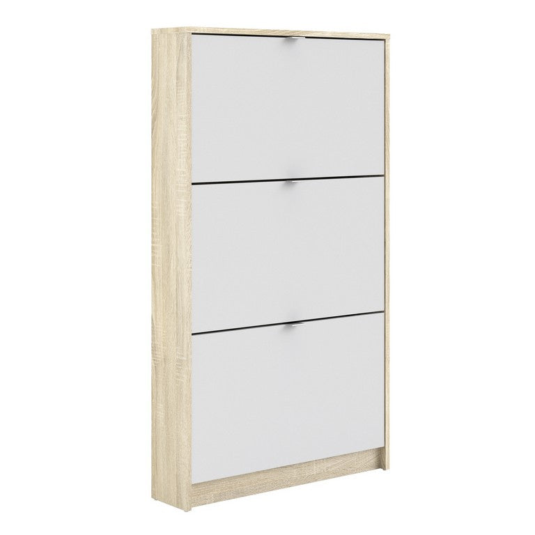 Shoe cabinet w. 3 tilting doors and 1 layer.