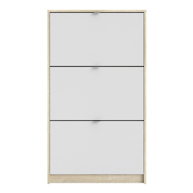 Shoe cabinet w. 3 tilting doors and 1 layer.