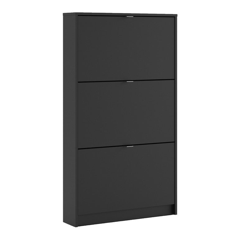 Shoe cabinet w. 3 tilting doors and 1 layer.