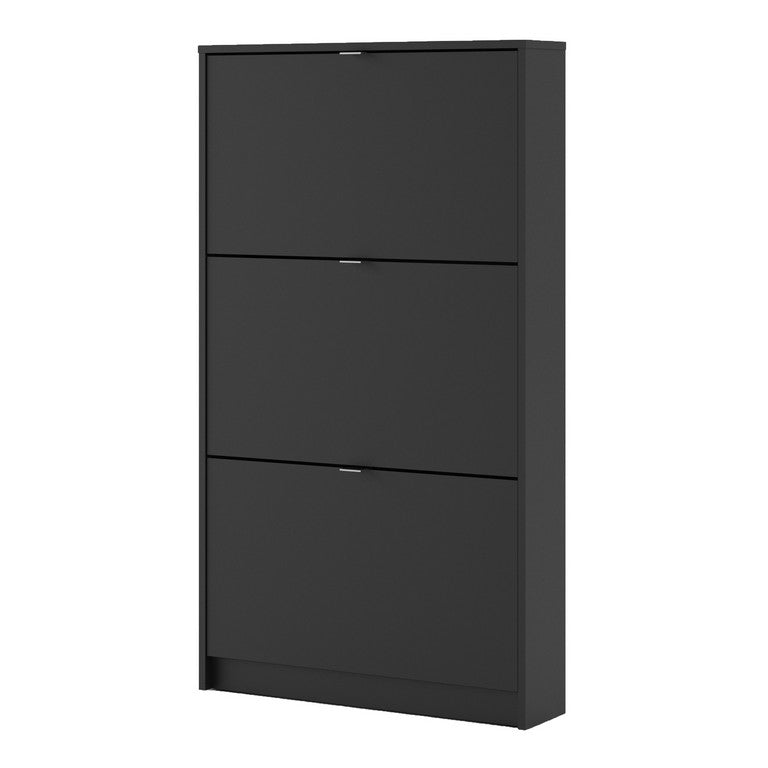 Shoe cabinet w. 3 tilting doors and 1 layer.