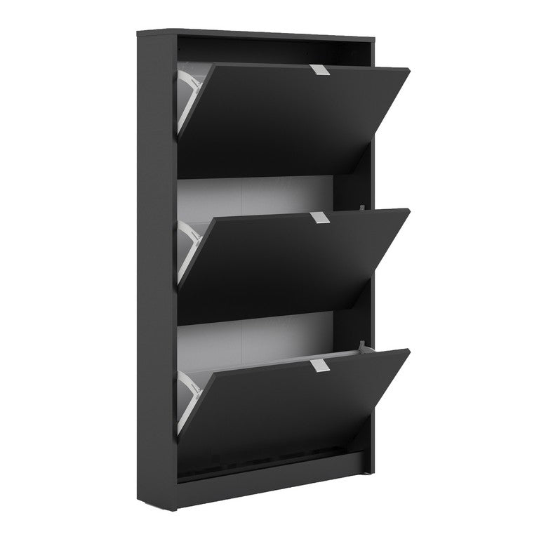 Shoe cabinet w. 3 tilting doors and 1 layer.