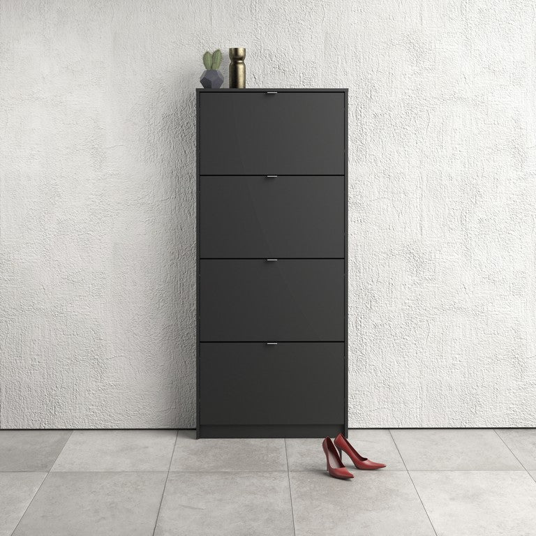 Shoe cabinet w. 4 tilting doors and 1 layer.