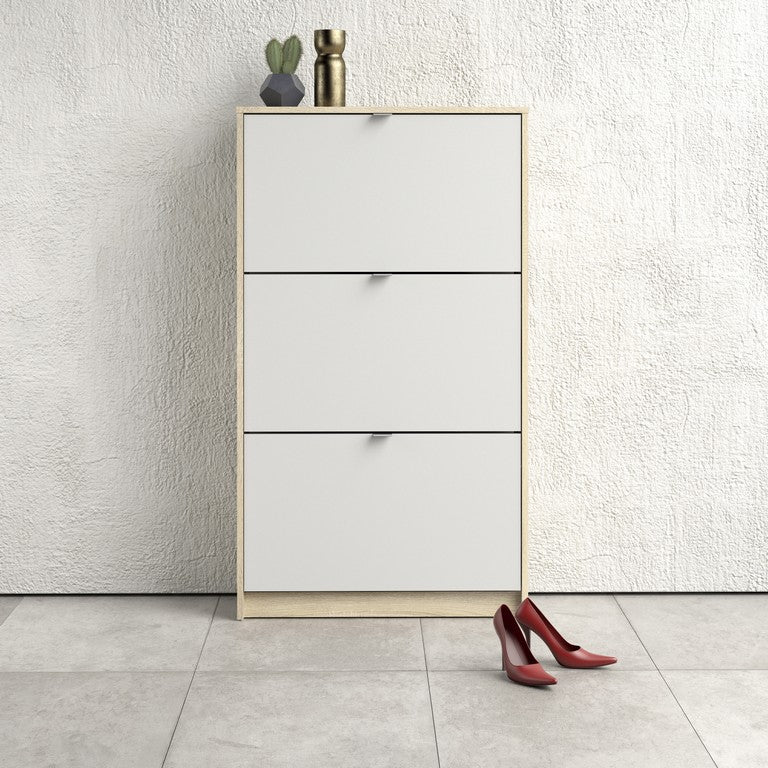 Shoe cabinet w. 4 tilting doors and 2 layers + 1 mirror door