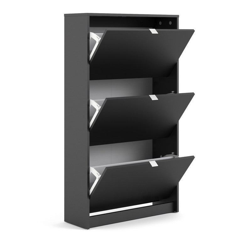 Shoe cabinet w. 4 tilting doors and 2 layers + 1 mirror door