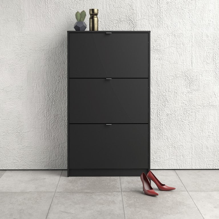 Shoe cabinet w. 4 tilting doors and 2 layers + 1 mirror door