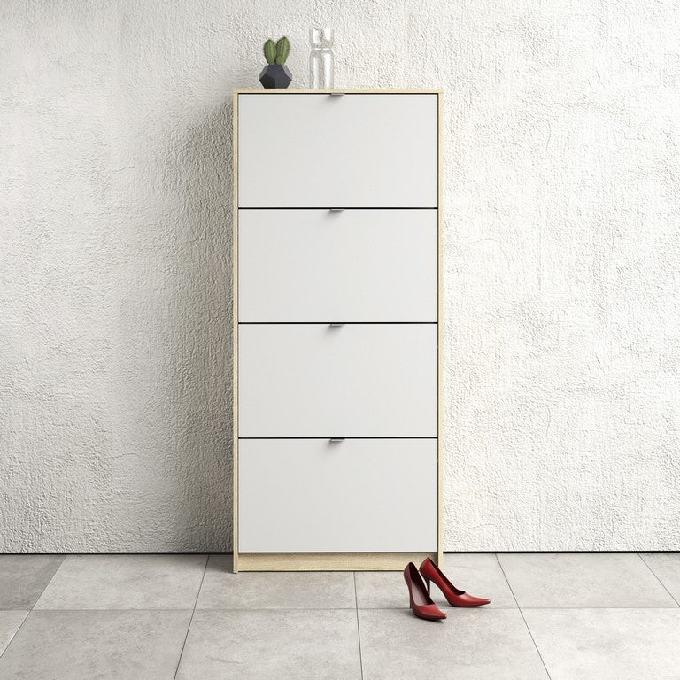 Shoe cabinet w. 4 tilting doors and 2 layers.