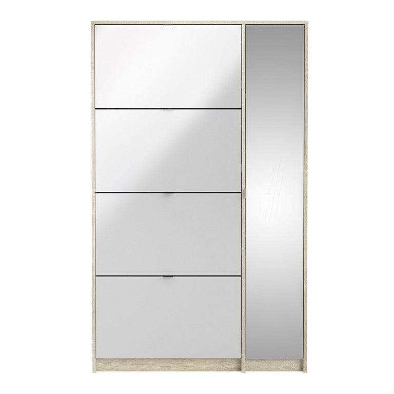 Shoe cabinet w. 4 tilting doors and 2 layers + 1 mirror door