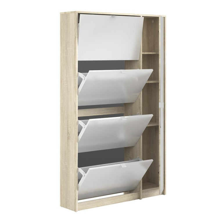 Shoe cabinet w. 4 tilting doors and 2 layers + 1 mirror door